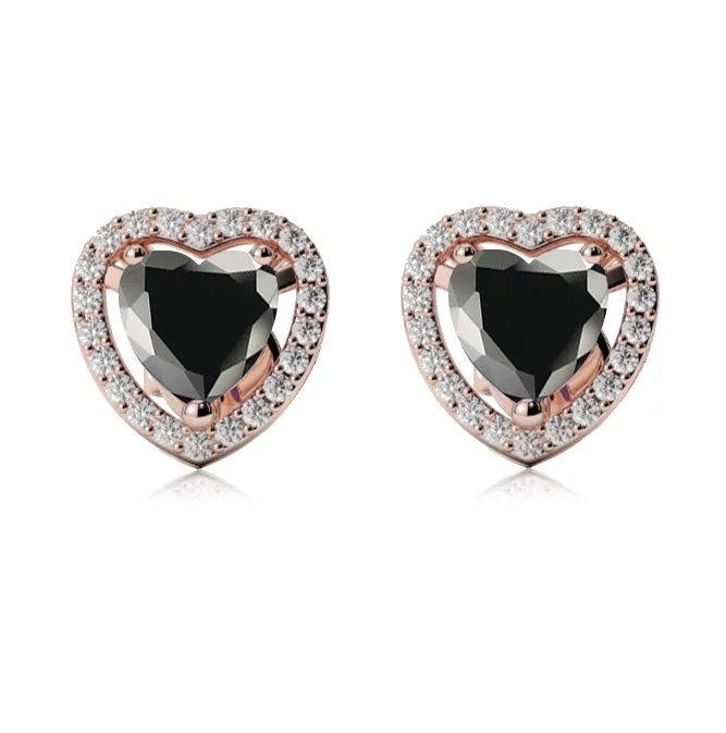 10k Rose Gold Plated 3 Ct Created Halo Heart Black Sapphire Stud Earrings