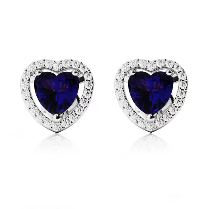 10k White Gold Plated 1/2 Ct Created Halo Heart Blue Sapphire Stud Earrings