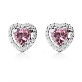 10k White Gold Plated 3 Ct Created Halo Heart Pink Sapphire Stud Earrings