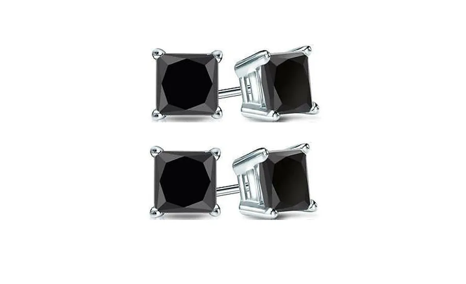 10k White Gold Plated Created Black Sapphire 2Ct Princess Cut Pack of Two Stud Earrings