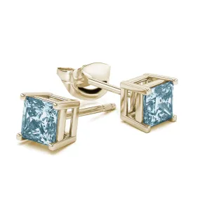 10k Yellow Gold Plated 1 Carat Princess Cut Created Aquamarine Sapphire Stud Earrings