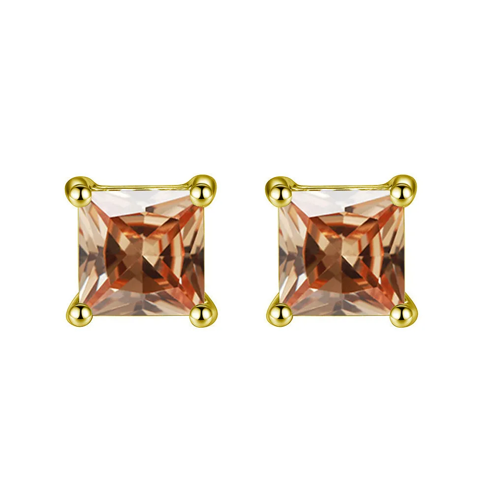 10k Yellow Gold Plated 2 Carat Princess Cut Created Champagne Sapphire Stud Earrings