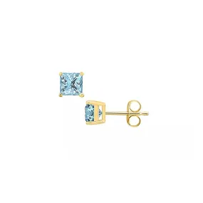 10k Yellow Gold Plated 3 Ct Created Aquamarine Sapphire Princess Cut Stud Earrings