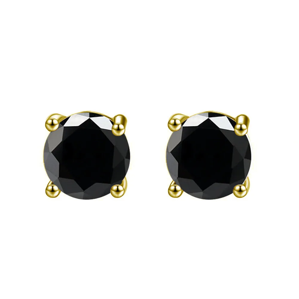 10k Yellow Gold Plated Created Black Sapphire 3Carat Round Stud Earrings