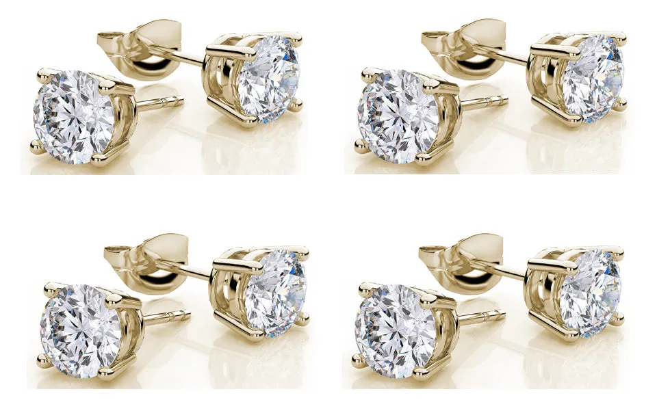 10k Yellow Gold Plated Created White Sapphire 1 Carat Round Pack of Four Stud Earrings