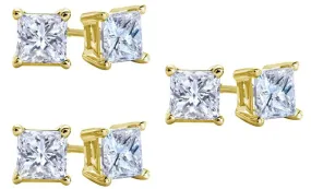 10k Yellow Gold Plated Created White Sapphire 1 Carat Square Cut Pack of Three Stud Earrings