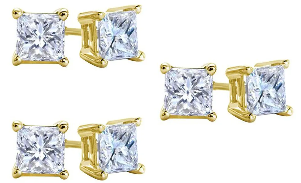 10k Yellow Gold Plated Created White Sapphire 1 Carat Square Cut Pack of Three Stud Earrings