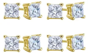 10k Yellow Gold Plated Created White Sapphire 1/2 Carat Square Cut Pack of Four Stud Earrings