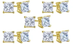 10k Yellow Gold Plated Created White Sapphire 3 Carat Square Cut Pack of Five Stud Earrings