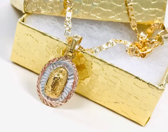 14K Gold Filled Virgen de Guadalupe Diamond Cut Valentino Chain 18" for Womens Gift