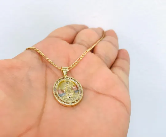 14K Gold Filled Virgen de Guadalupe Pendant Necklace 24x18mm CZ Stones Pendant / Dije de Guadalupe y Cadena Figaro Link