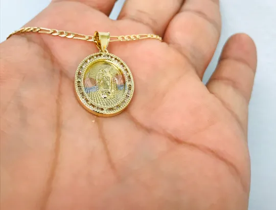 14K Gold Filled Virgen de Guadalupe Pendant Necklace 24x18mm CZ Stones Pendant / Dije de Guadalupe y Cadena Figaro Link