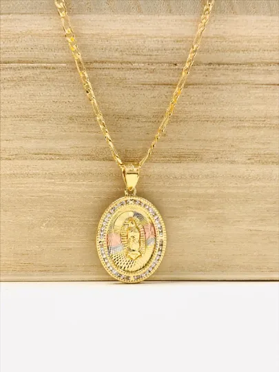 14K Gold Filled Virgen de Guadalupe Pendant Necklace 24x18mm CZ Stones Pendant / Dije de Guadalupe y Cadena Figaro Link