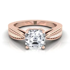 14K Rose Gold Asscher Cut Vintage Inspired Leaf Pattern Pinched Solitaire Engagement Ring