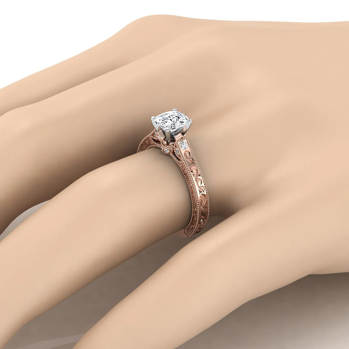 14K Rose Gold Cushion Delicate Diamond Accented Antique Hand Engraved Engagement Ring -1/10ctw