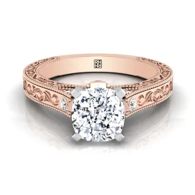 14K Rose Gold Cushion Delicate Diamond Accented Antique Hand Engraved Engagement Ring -1/10ctw