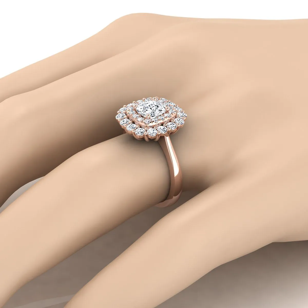 14K Rose Gold Cushion Diamond Double Halo Floral Sunburst Engagement Ring -1ctw