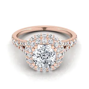 14K Rose Gold Cushion Diamond Double Halo Split Shank French Pave Engagement Ring -5/8ctw