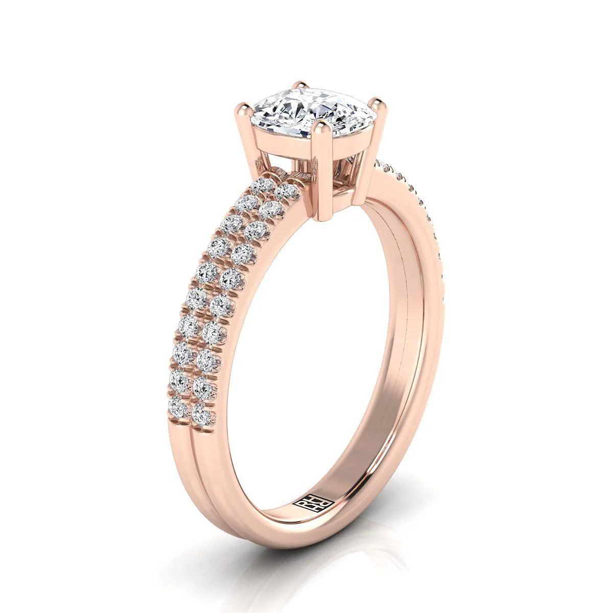 14K Rose Gold Cushion Diamond Double Pave Row Engagement Ring -1/4ctw