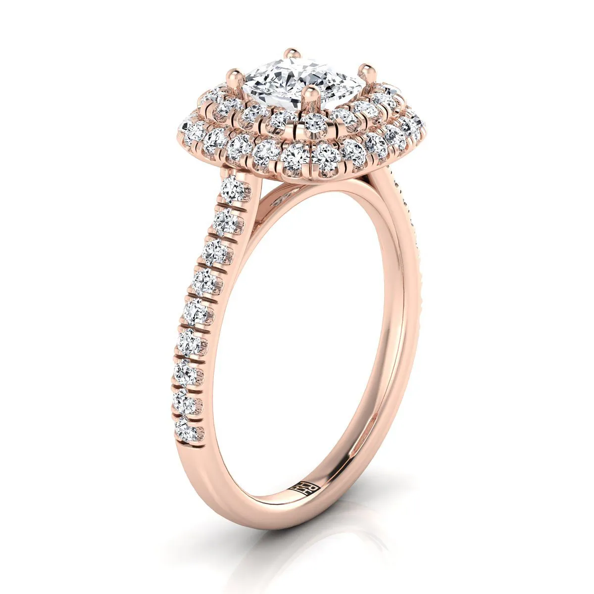 14K Rose Gold Cushion Double Halo and Linear Pave Engagement Diamond Ring -3/4ctw