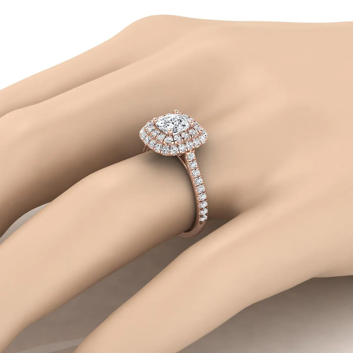 14K Rose Gold Cushion Double Halo and Linear Pave Engagement Diamond Ring -3/4ctw