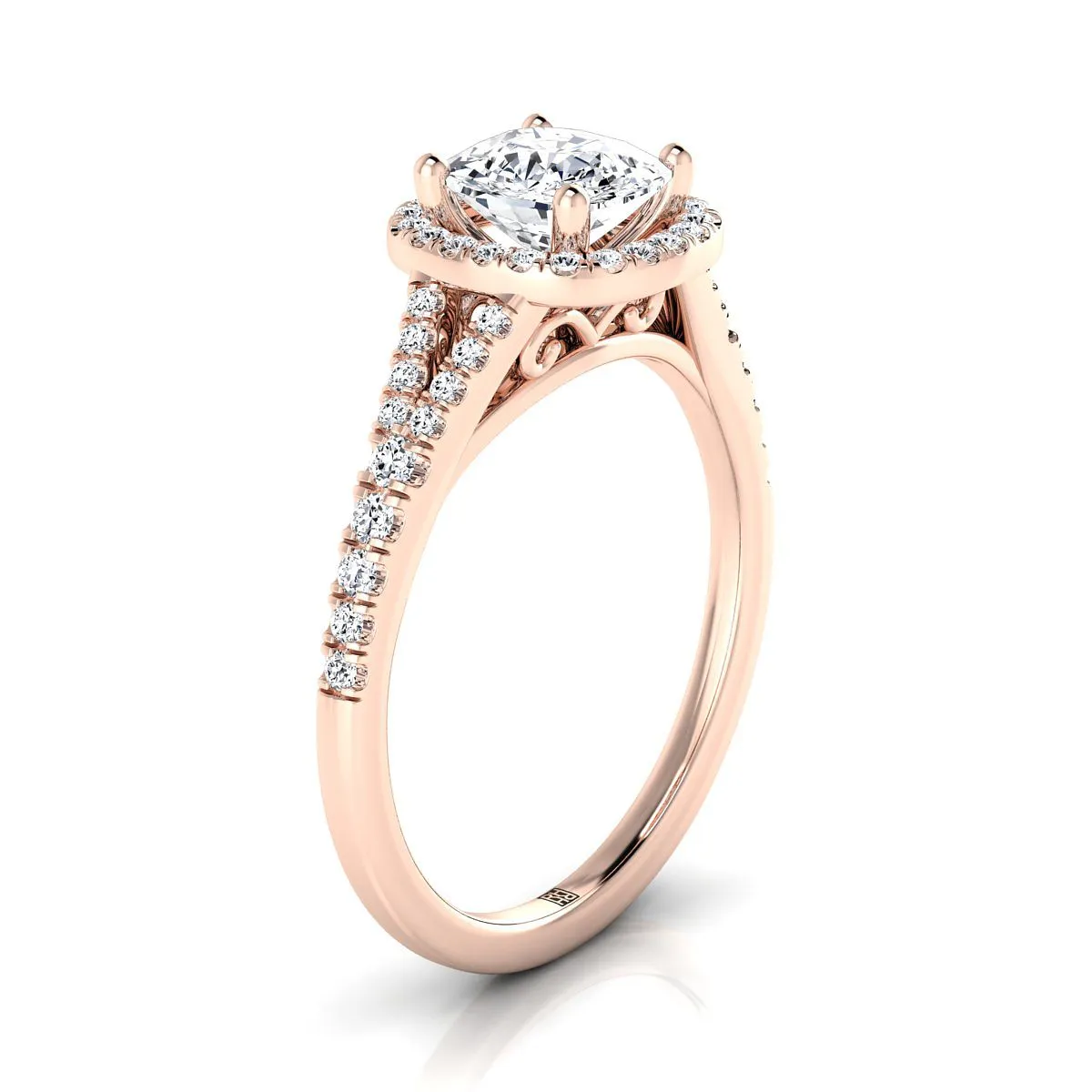 14K Rose Gold Cushion French Pave Split Shank Halo Engagement Ring -1/4ctw