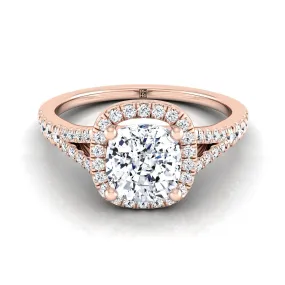 14K Rose Gold Cushion French Pave Split Shank Halo Engagement Ring -1/4ctw