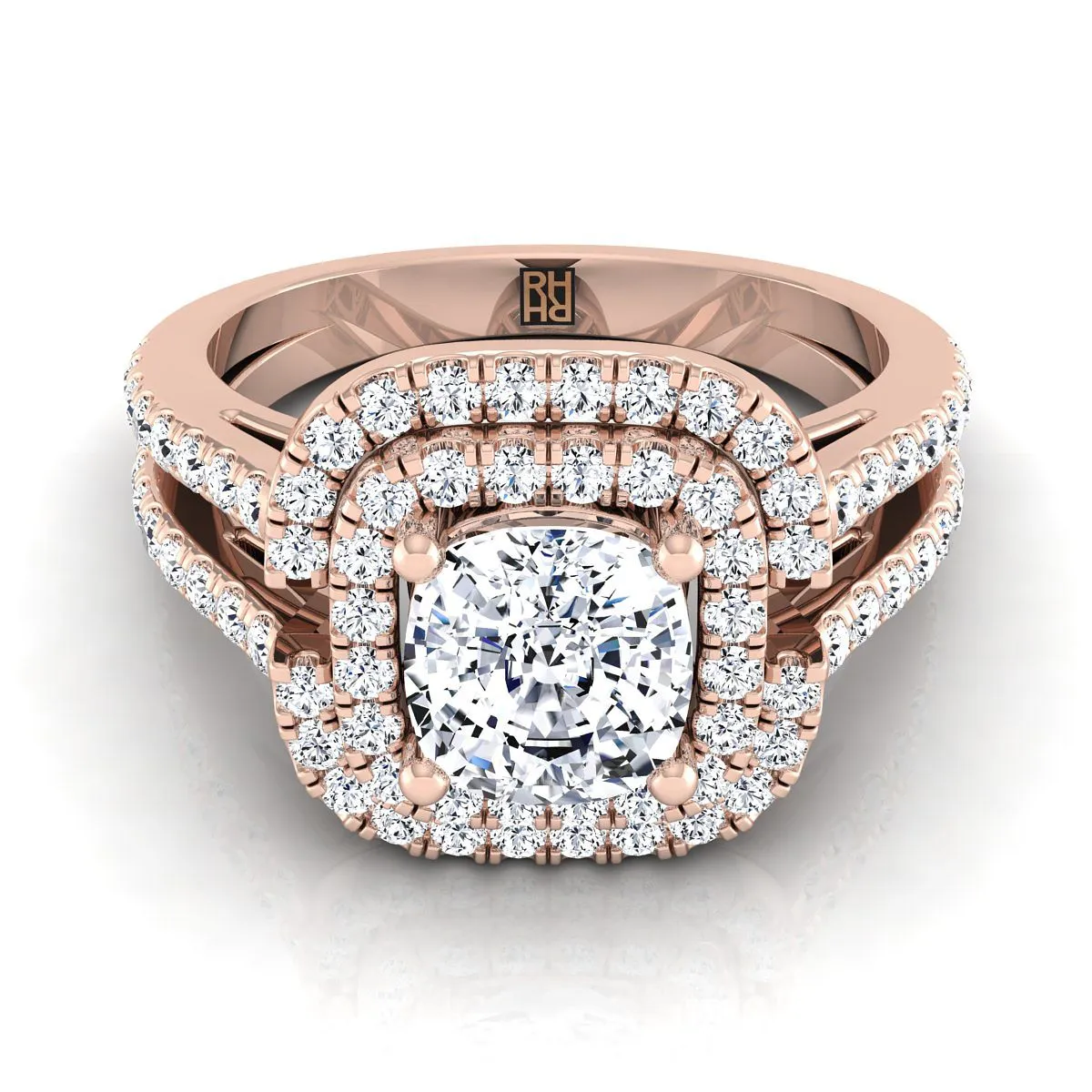 14K Rose Gold Cushion Open Double Diamond Row Split Shank and Halo Engagement Ring -5/8ctw