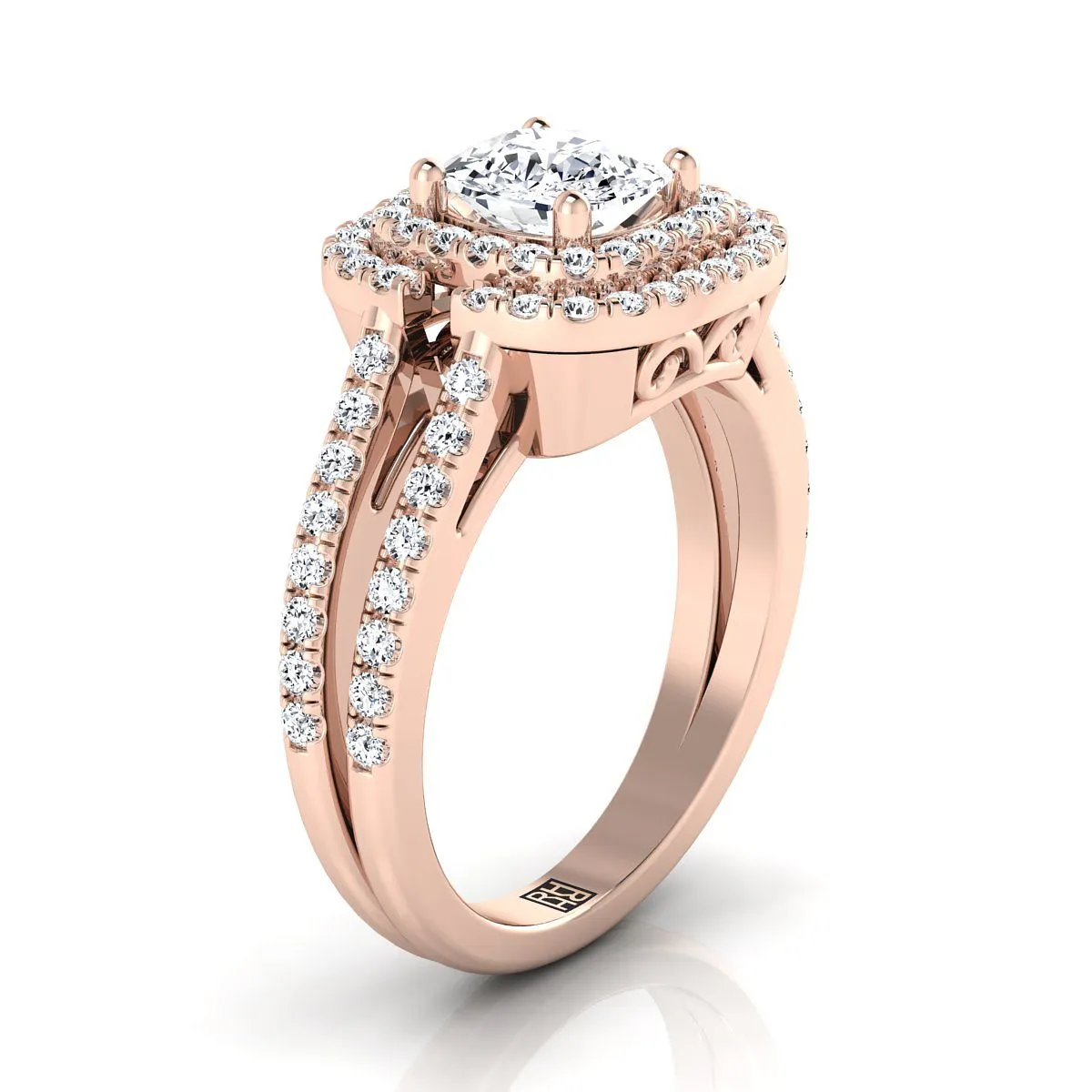 14K Rose Gold Cushion Open Double Diamond Row Split Shank and Halo Engagement Ring -5/8ctw