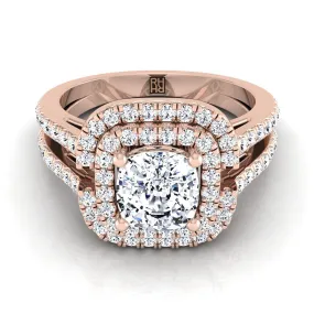 14K Rose Gold Cushion Open Double Diamond Row Split Shank and Halo Engagement Ring -5/8ctw