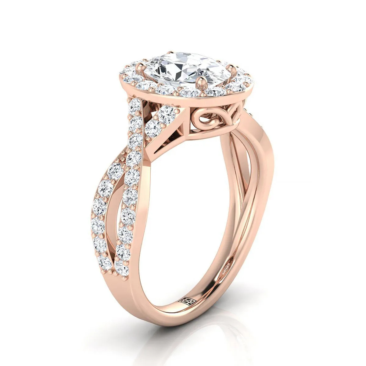 14K Rose Gold Oval Twisted Open Lattice Diamond Halo Engagement Ring -3/4ctw