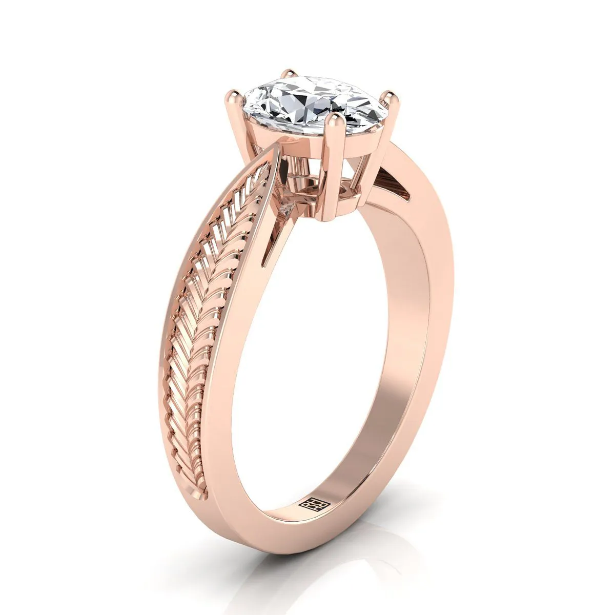 14K Rose Gold Oval Vintage Inspired Leaf Pattern Pinched Solitaire Engagement Ring