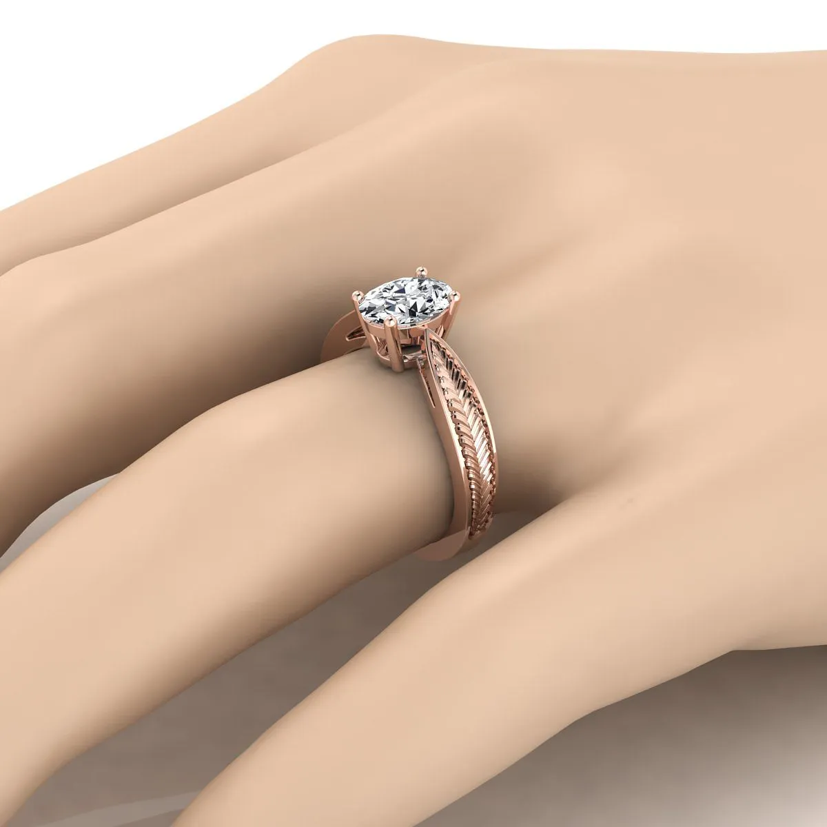 14K Rose Gold Oval Vintage Inspired Leaf Pattern Pinched Solitaire Engagement Ring