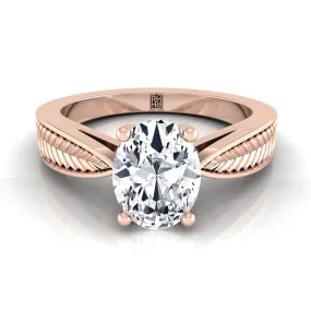 14K Rose Gold Oval Vintage Inspired Leaf Pattern Pinched Solitaire Engagement Ring