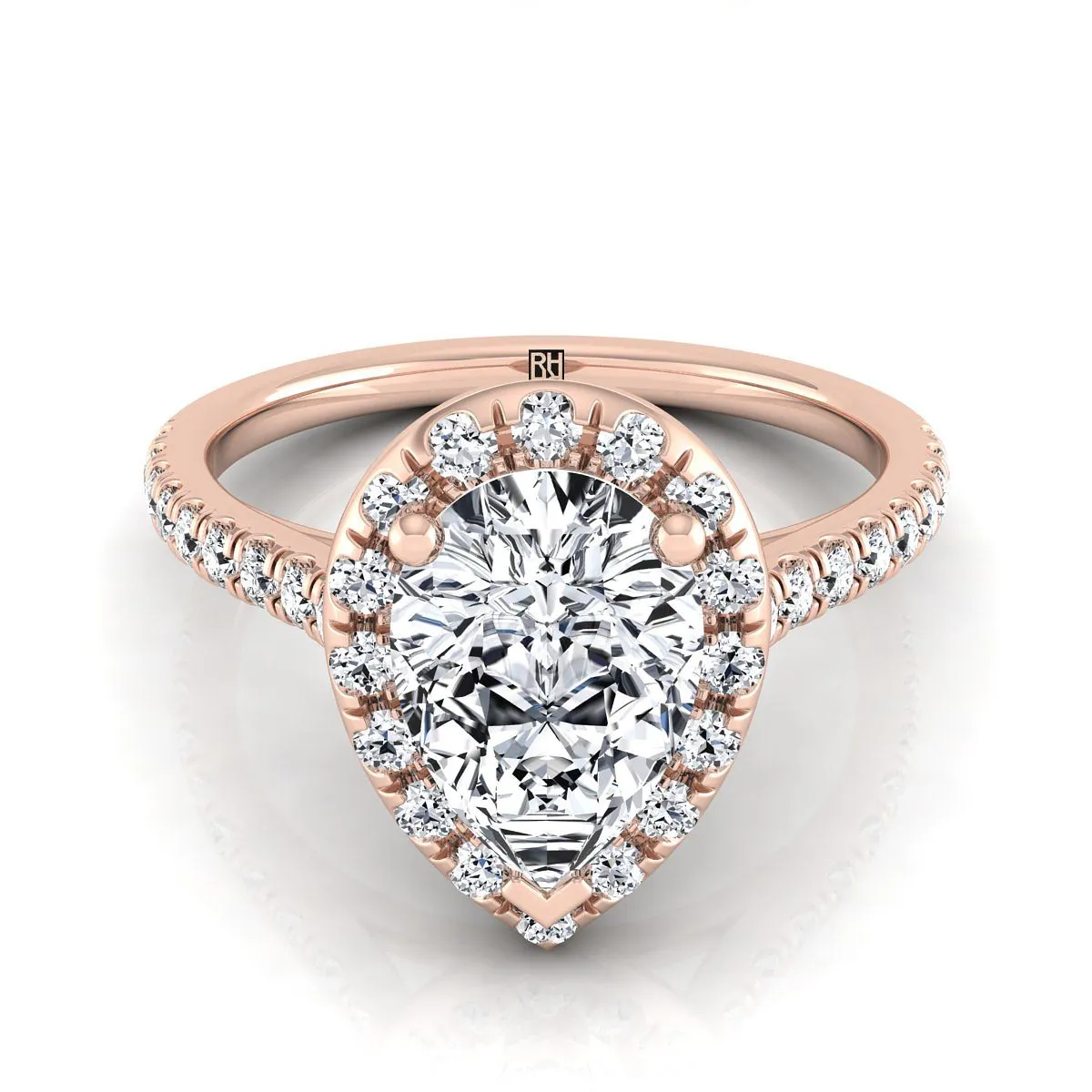 14K Rose Gold Pear Shape Center Classic French Pave Halo and Linear Engagement Ring -3/8ctw