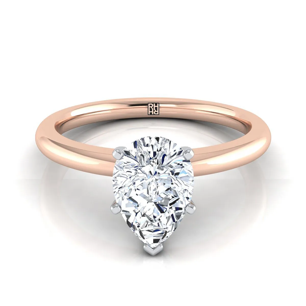 14K Rose Gold Pear Shape Center  Round Comfort Fit Claw Prong Solitaire Engagement Ring