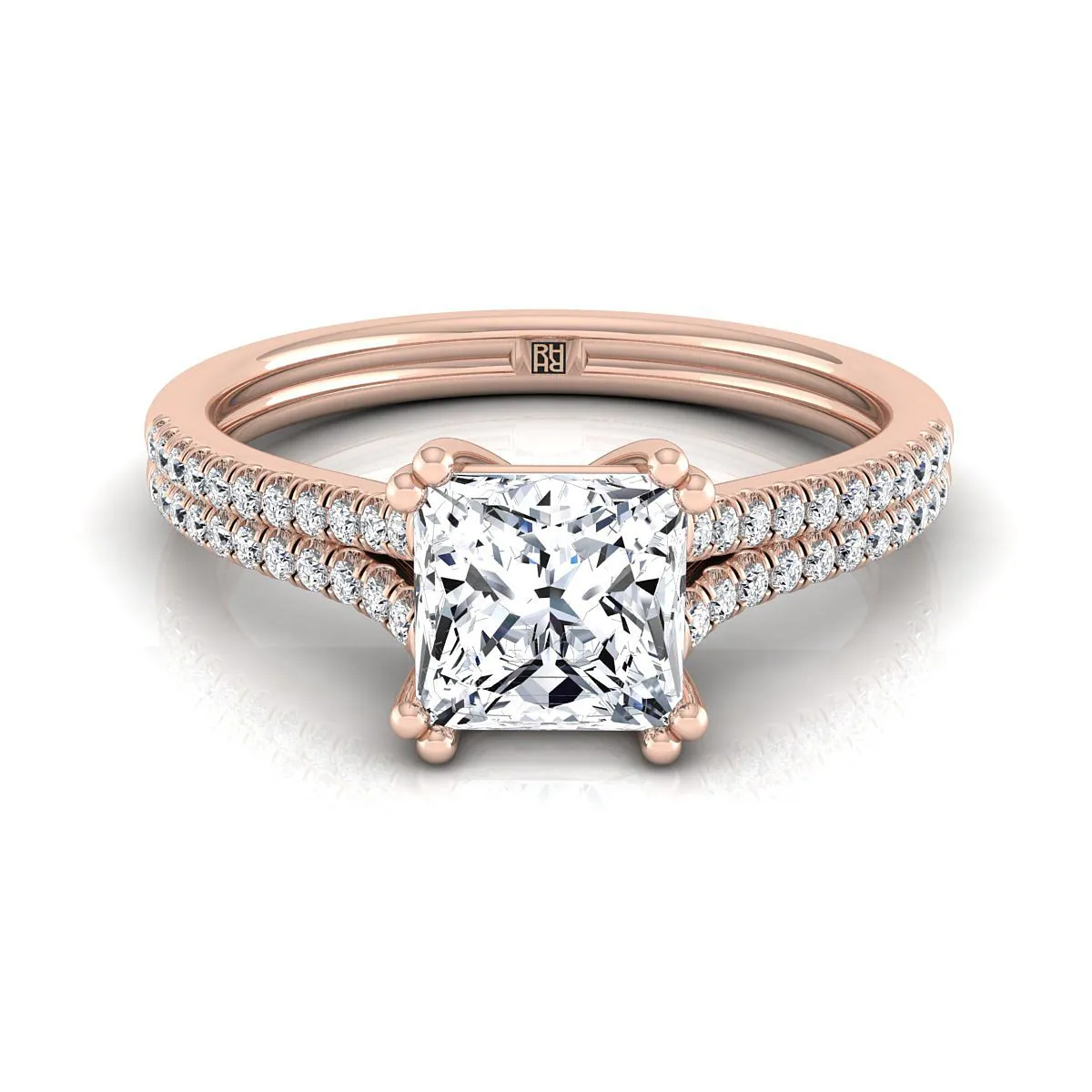 14K Rose Gold Princess Cut Diamond Double Row Double Prong French Pave Engagement Ring -1/6ctw