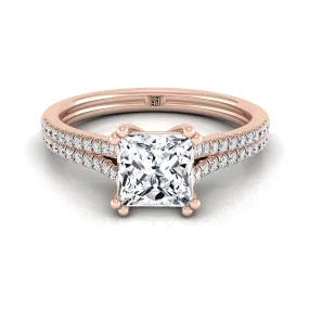 14K Rose Gold Princess Cut Diamond Double Row Double Prong French Pave Engagement Ring -1/6ctw