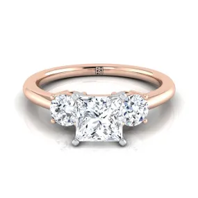 14K Rose Gold Princess Cut Diamond Perfectly Matched Round Three Stone Diamond Engagement Ring -1/4ctw