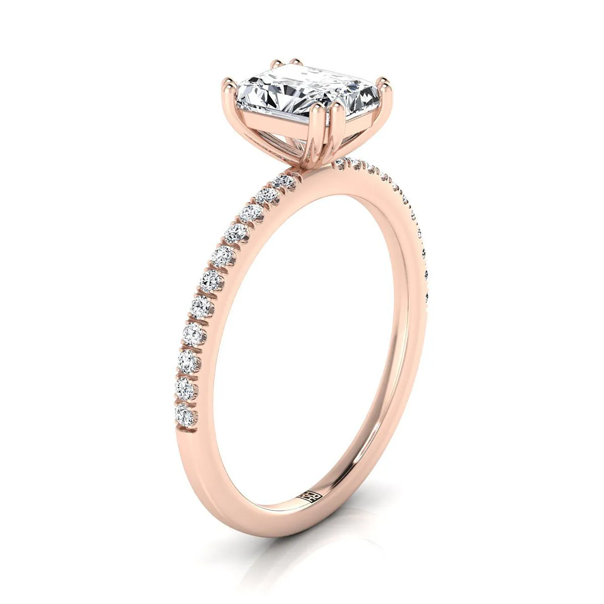 14K Rose Gold Radiant Cut Center Diamond Simple French Pave Double Claw Prong Engagement Ring -1/6ctw