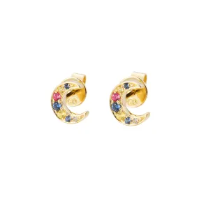 14K Solid Yellow Gold Natural Multicolored Sapphire Half-Moon Stud Earrings