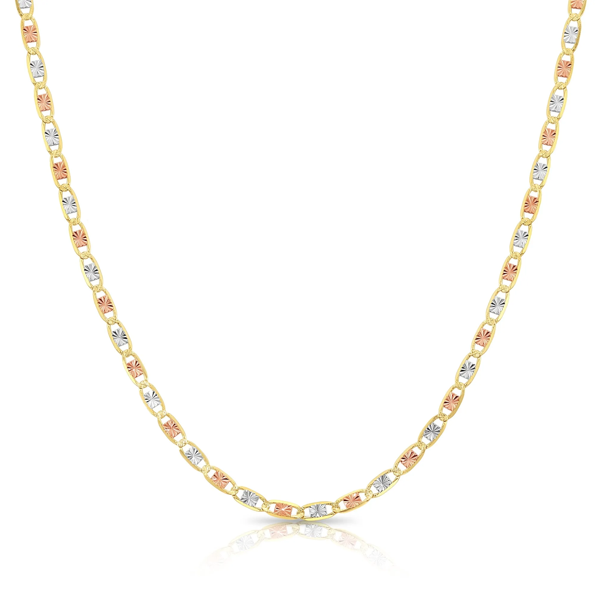 14K Solid Yellow Gold Tri-Color Valentino Link Chain Necklace 2.5mm-3.5mm, 16"-20"