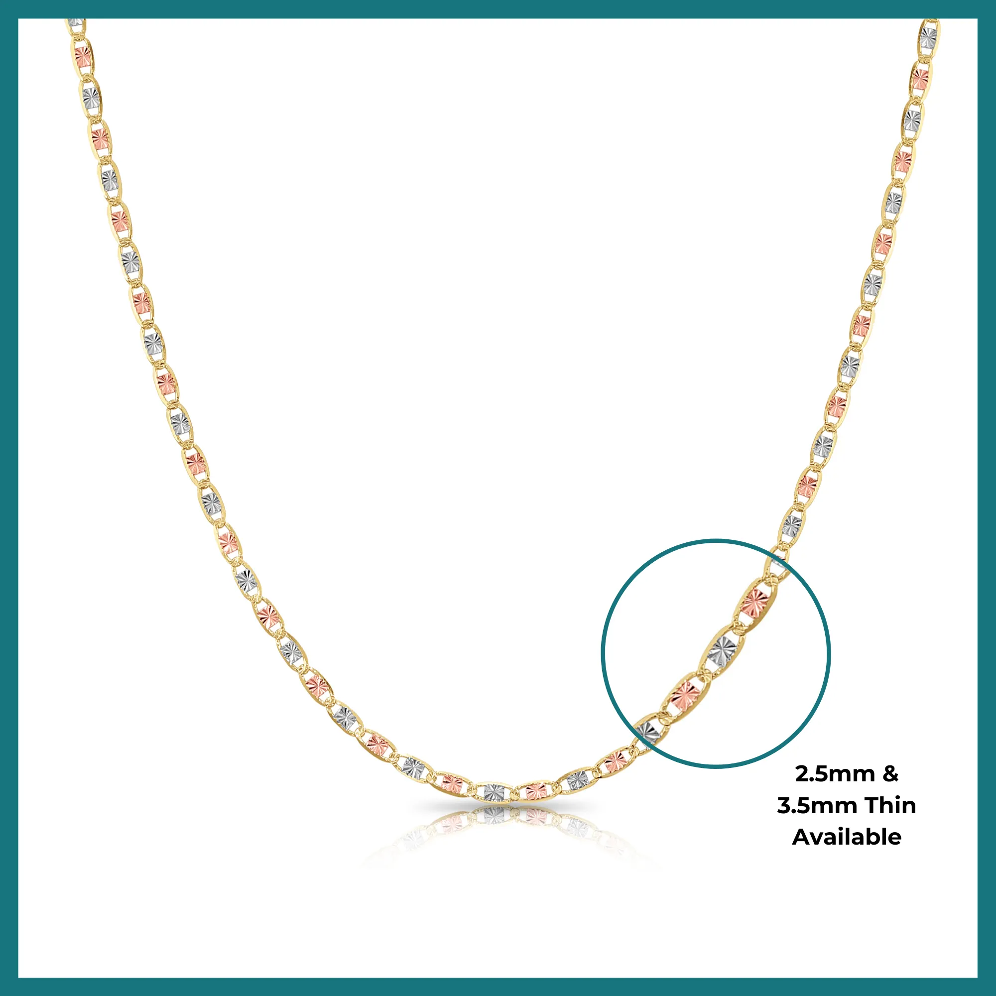 14K Solid Yellow Gold Tri-Color Valentino Link Chain Necklace 2.5mm-3.5mm, 16"-20"