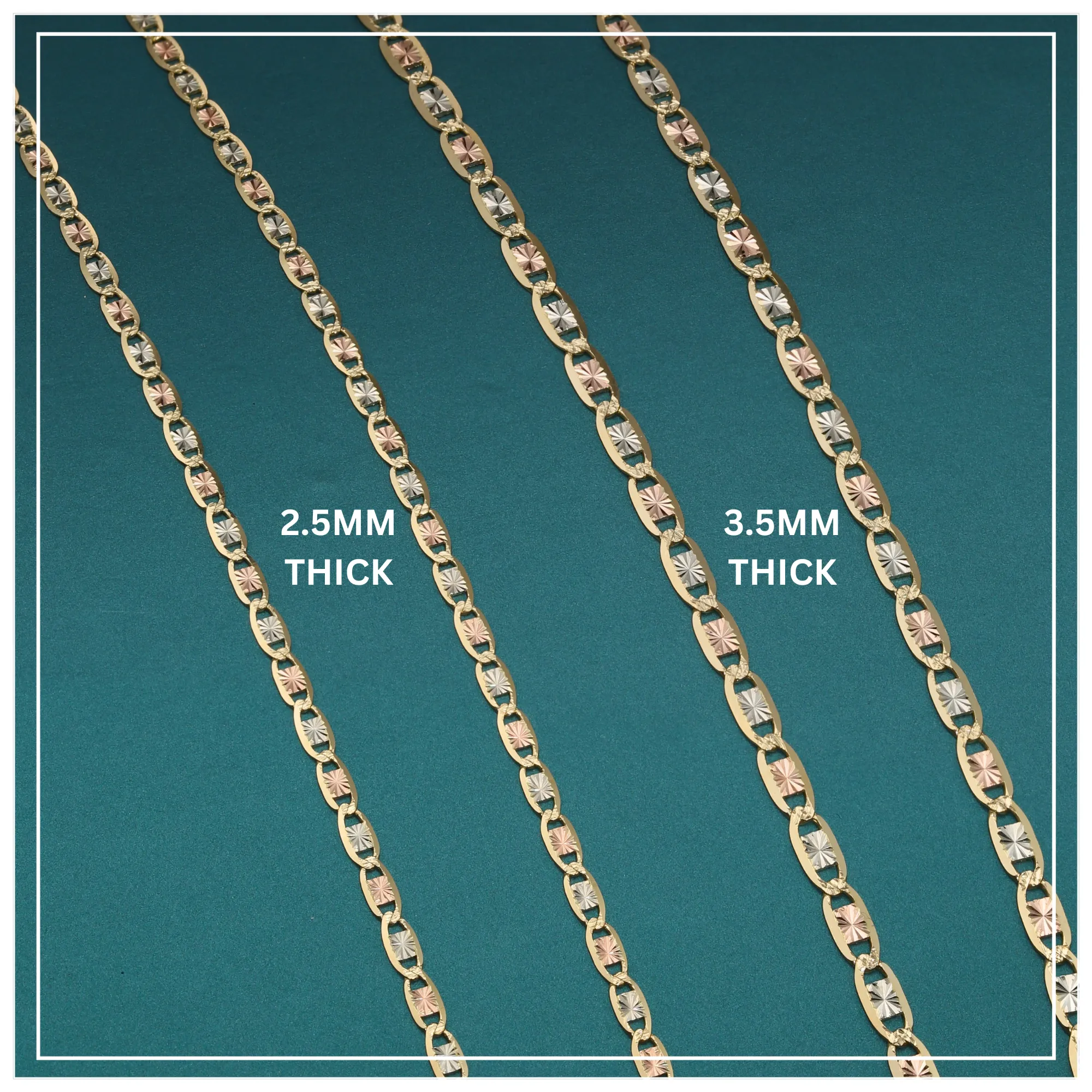 14K Solid Yellow Gold Tri-Color Valentino Link Chain Necklace 2.5mm-3.5mm, 16"-20"