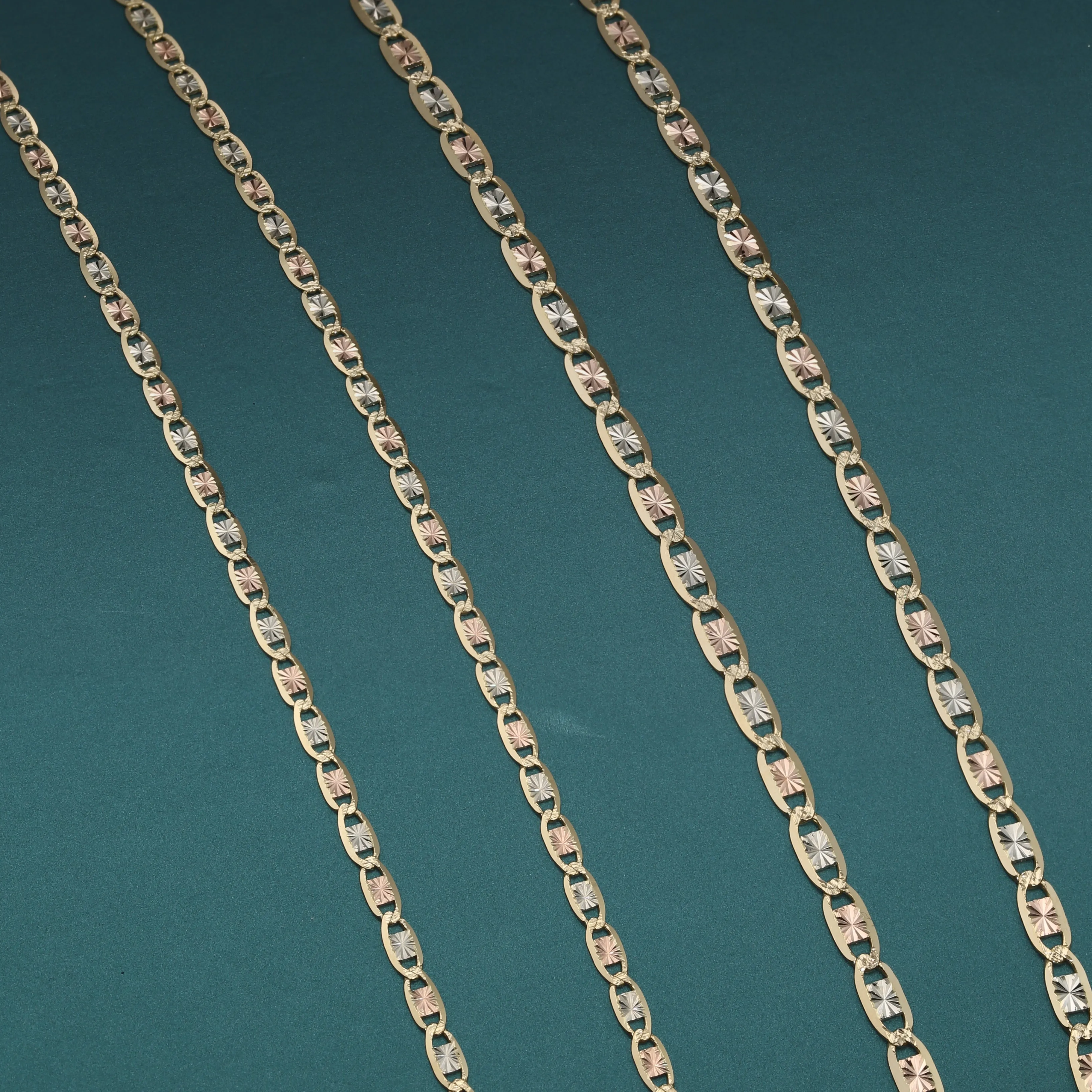 14K Solid Yellow Gold Tri-Color Valentino Link Chain Necklace 2.5mm-3.5mm, 16"-20"