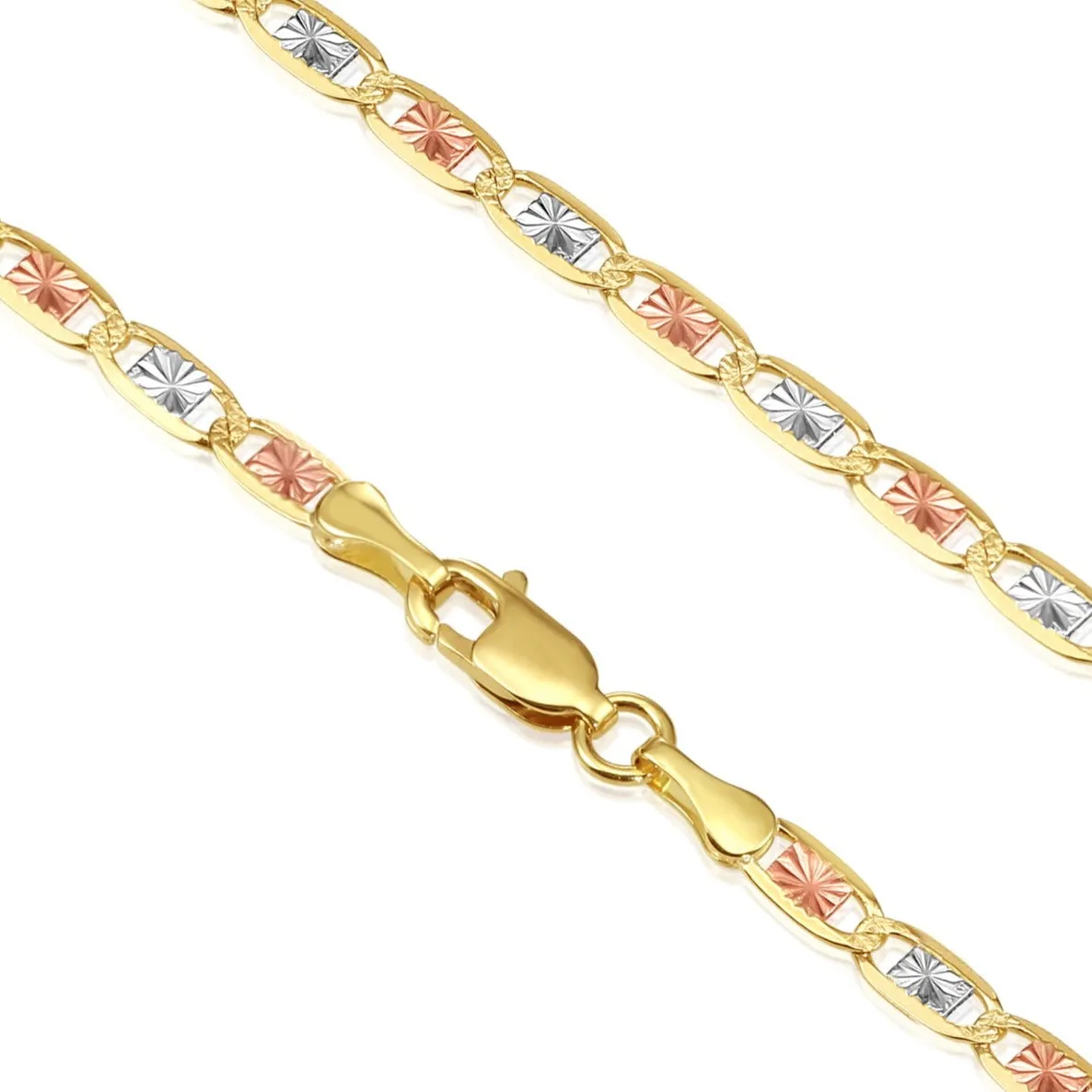 14K Solid Yellow Gold Tri-Color Valentino Link Chain Necklace 2.5mm-3.5mm, 16"-20"