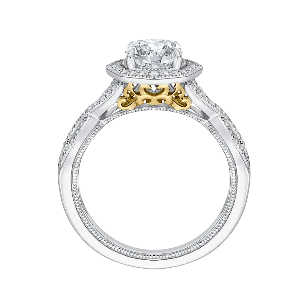 14K Two Tone Gold Cushion Cut Diamond Halo Engagement Ring with Split Shank (Semi Mount)