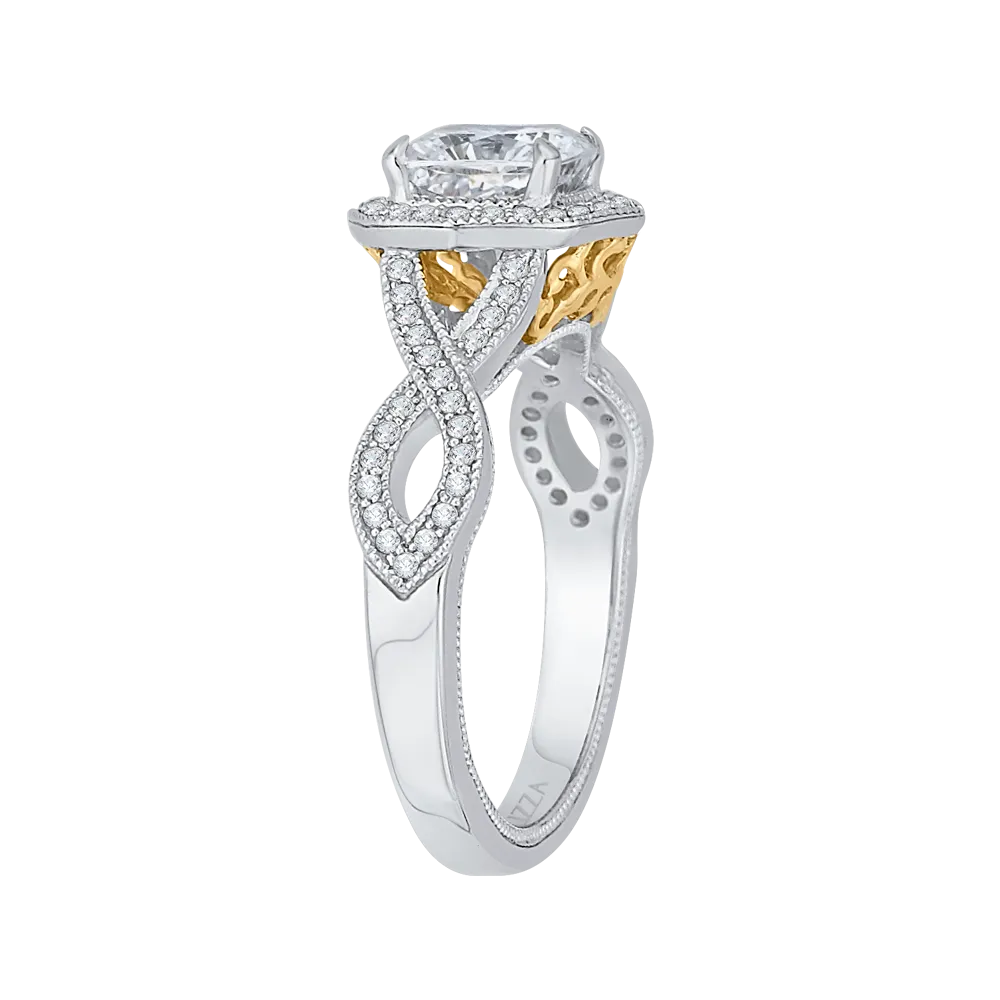 14K Two Tone Gold Cushion Cut Diamond Halo Engagement Ring with Split Shank (Semi Mount)