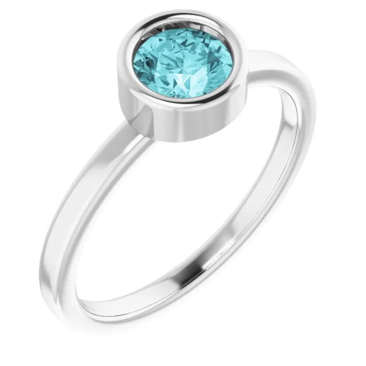 14K White 5.5 mm Natural Blue Zircon Ring