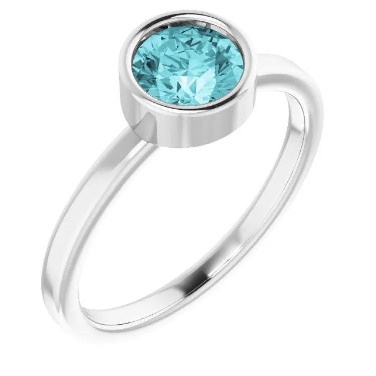 14K White 6 mm Natural Blue Zircon Ring